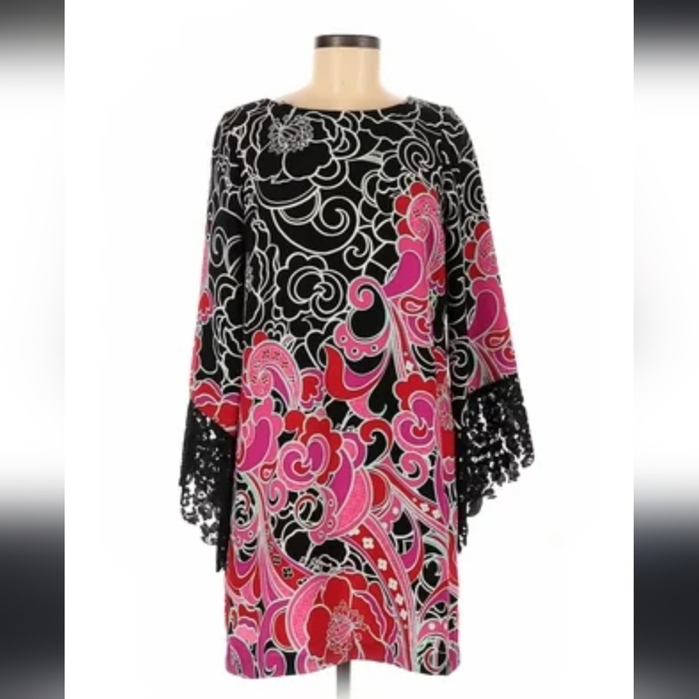 Kaari Blue Paisley Shift Dress Lace Bell Sleeves Size XL